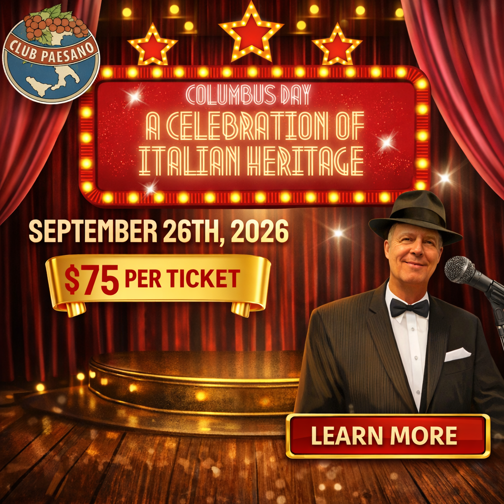 Club Paesano Columbus Day Celebration of Italian Heritage square event graphic with September 26, 2026 date, $75 tickets, and Learn More button.